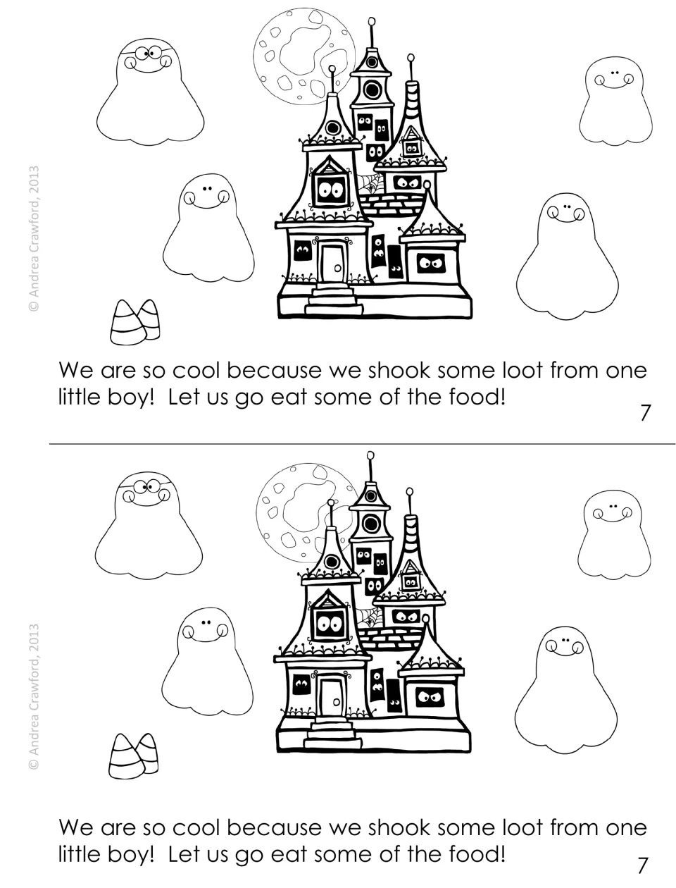 Story page 7: four ghosts gather by the haunted house with candy corn; students decode the oo words cool, shook and food
