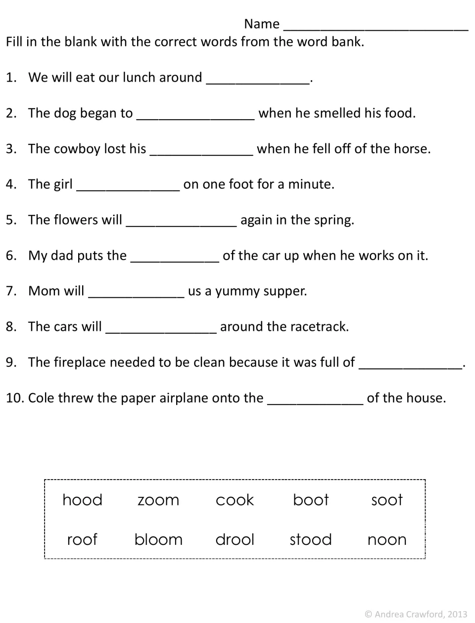 oo words fill-in-the-blank: students complete 10 sentences from a word bank such as hood, boot, bloom, stood and noon