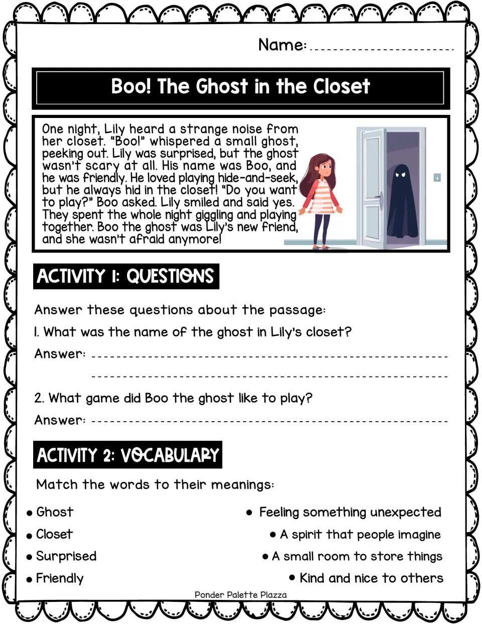 Reading passage about Lily and Boo playing hide-and-seek, followed by two questions and four vocabulary matches