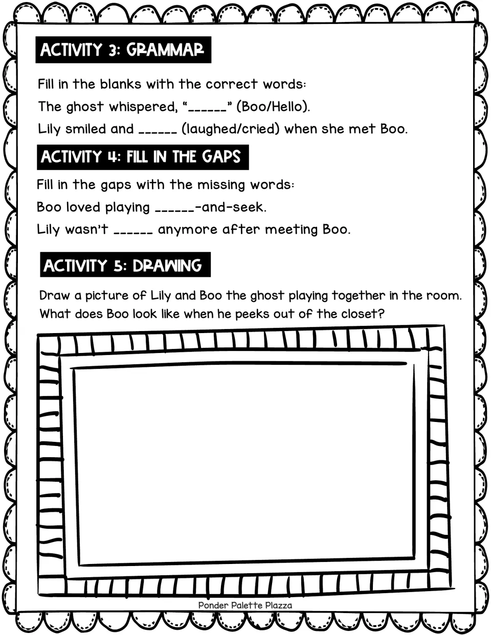 Follow-up activities for Lily and Boo's story: grammar choices, missing words, and a drawing of them playing