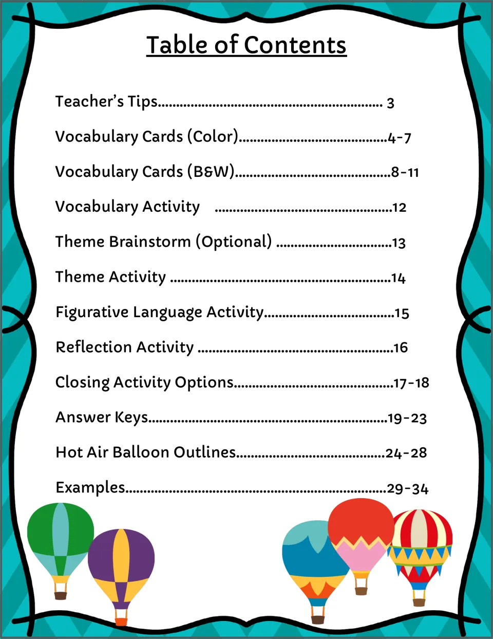 Table of contents listing teacher tips, vocabulary cards, reflection, closing options, answer keys and balloon outlines