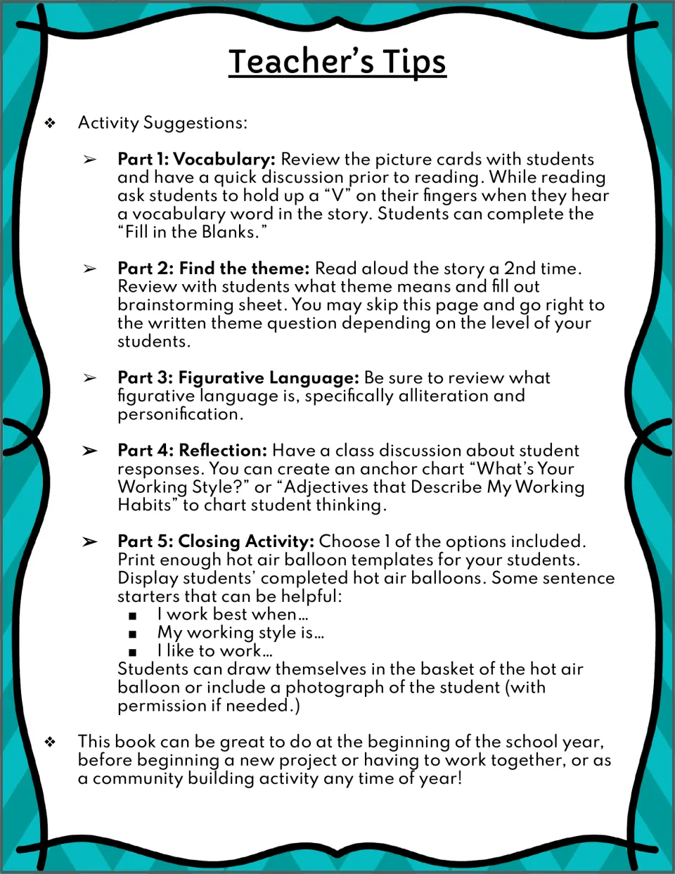 Teacher tips for five parts: vocabulary, finding the theme, figurative language, reflection and a hot air balloon closing