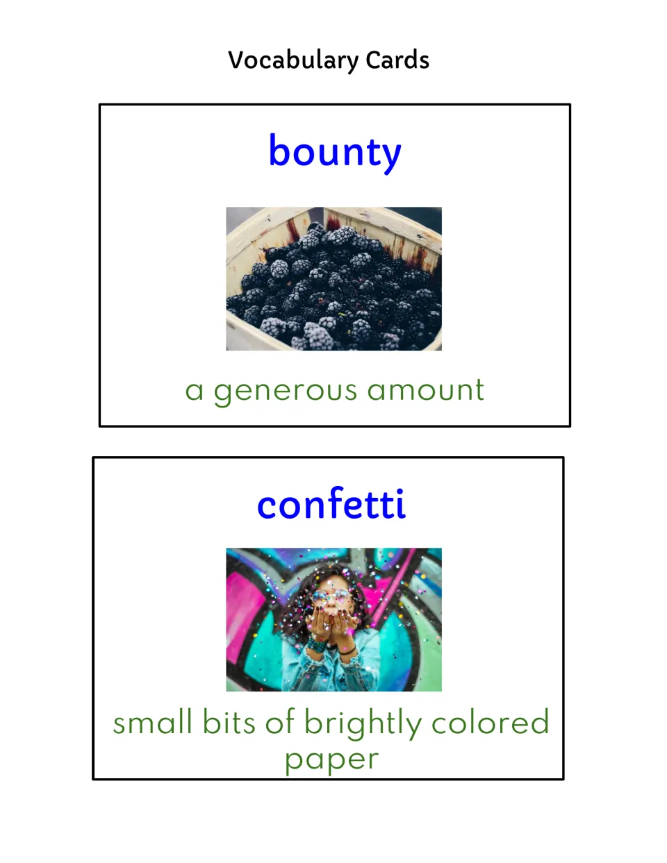 Color word cards for bounty and confetti: a basket of blackberries and a girl blowing paper bits, each with its definition