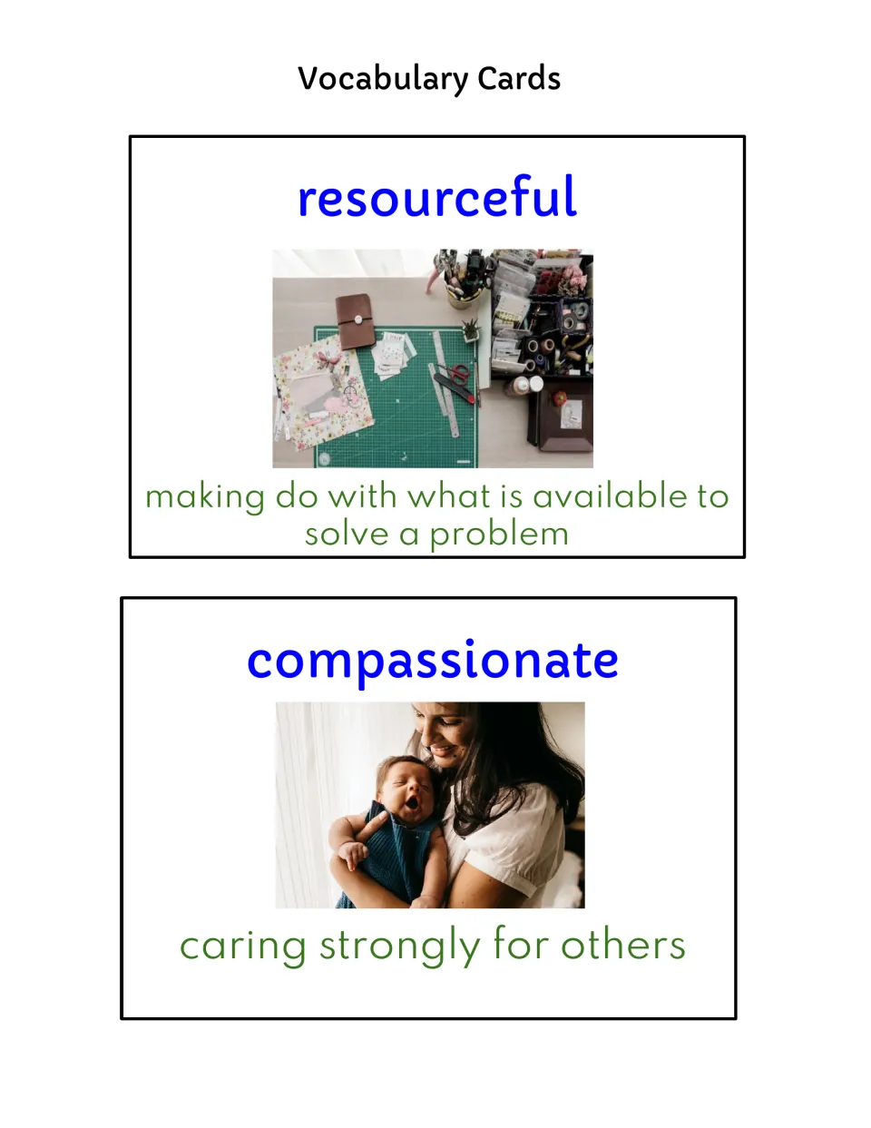Color word cards defining resourceful and compassionate, shown with a craft desk photo and a mother holding a baby