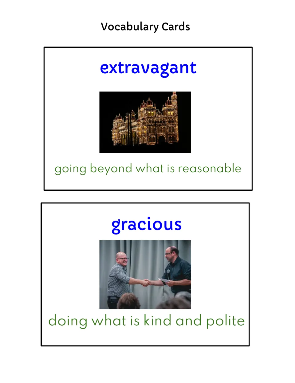 Color cards for extravagant and gracious, pictured by a palace covered in lights at night and two men shaking hands