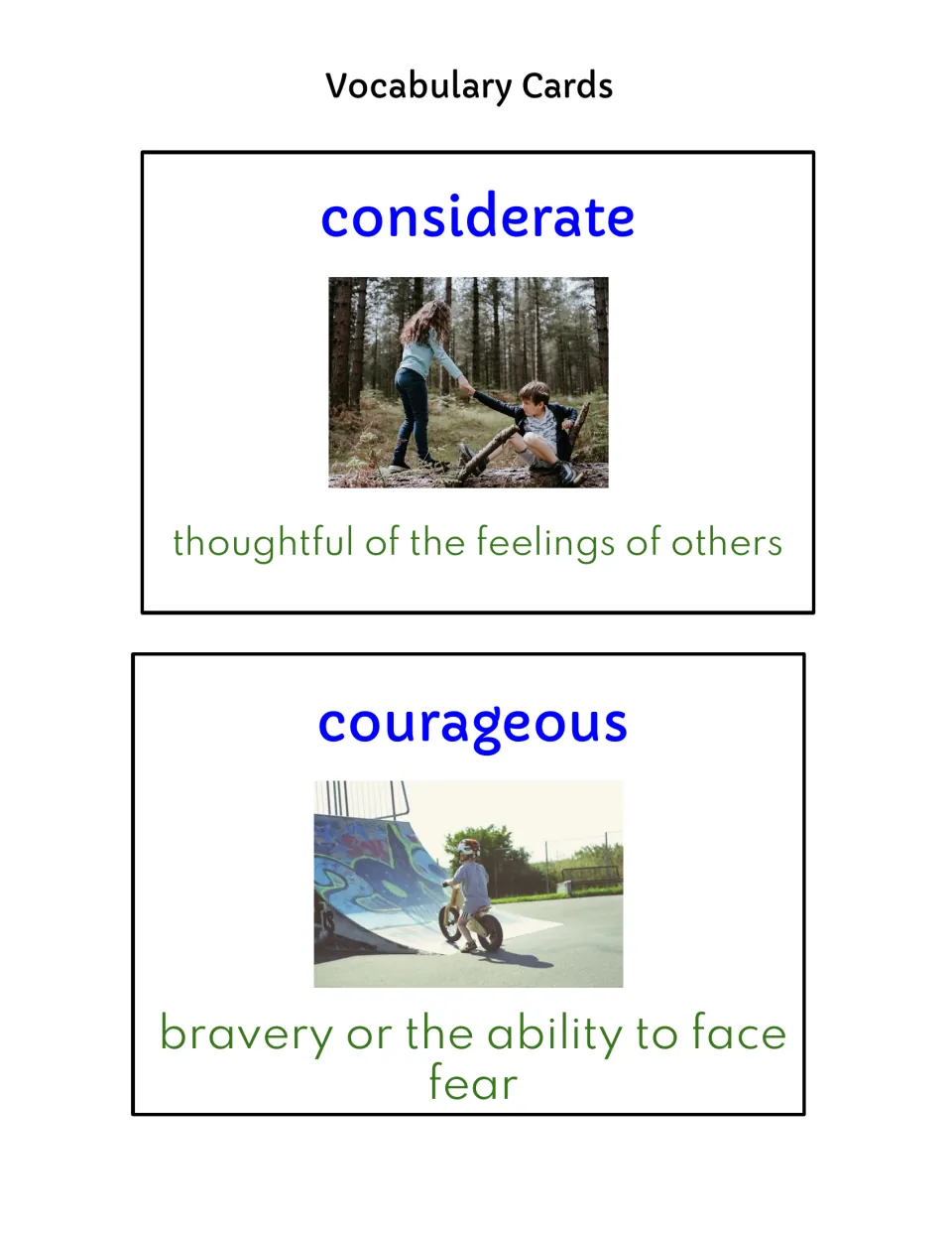 Color cards for considerate and courageous: a girl helping a boy up in a forest and a child biking near a skate ramp