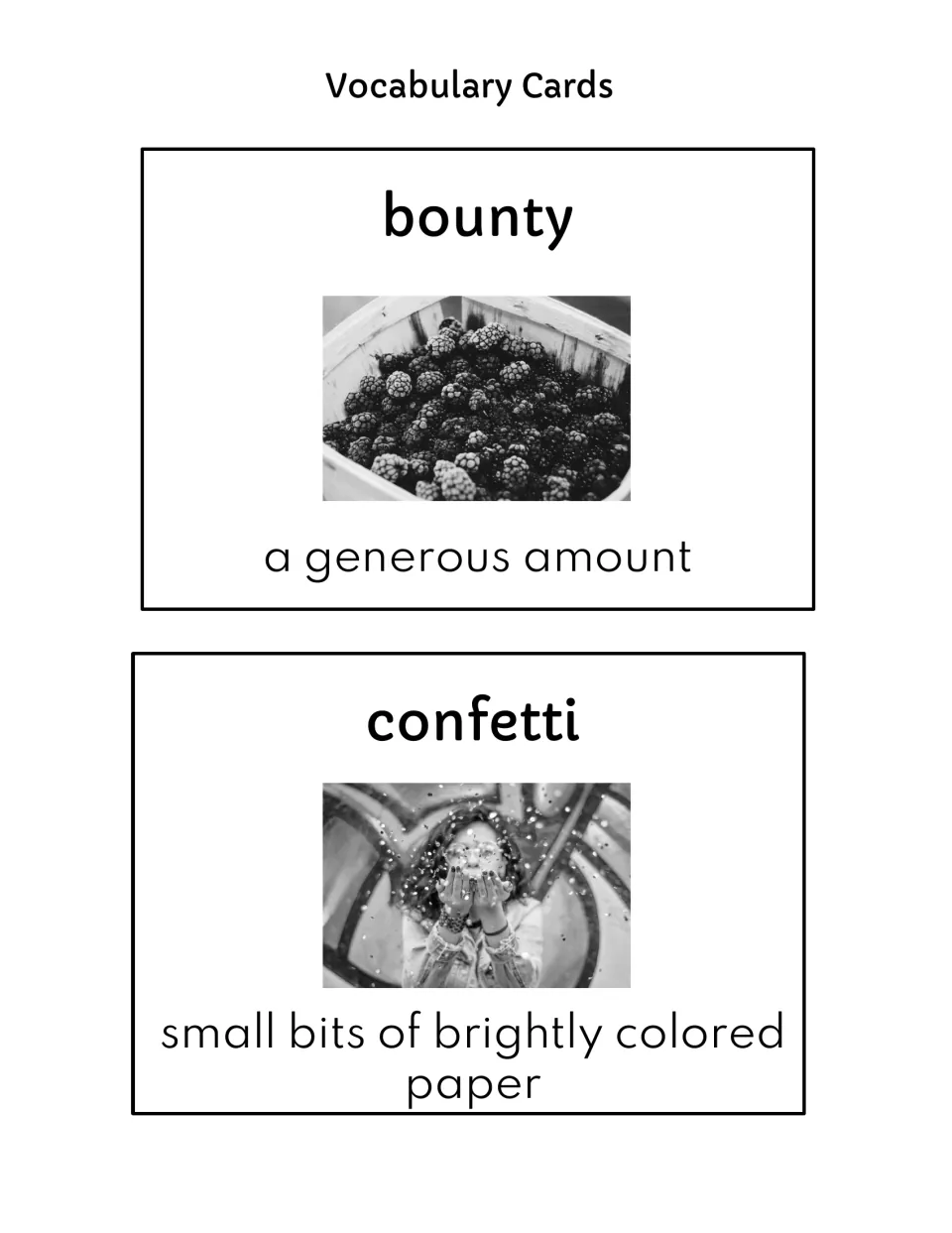 Black-and-white bounty and confetti cards with grayscale photos and the definitions a generous amount and bits of paper