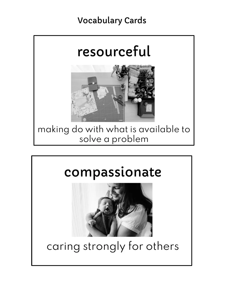 Grayscale cards for resourceful and compassionate with photos and definitions: making do, caring strongly for others