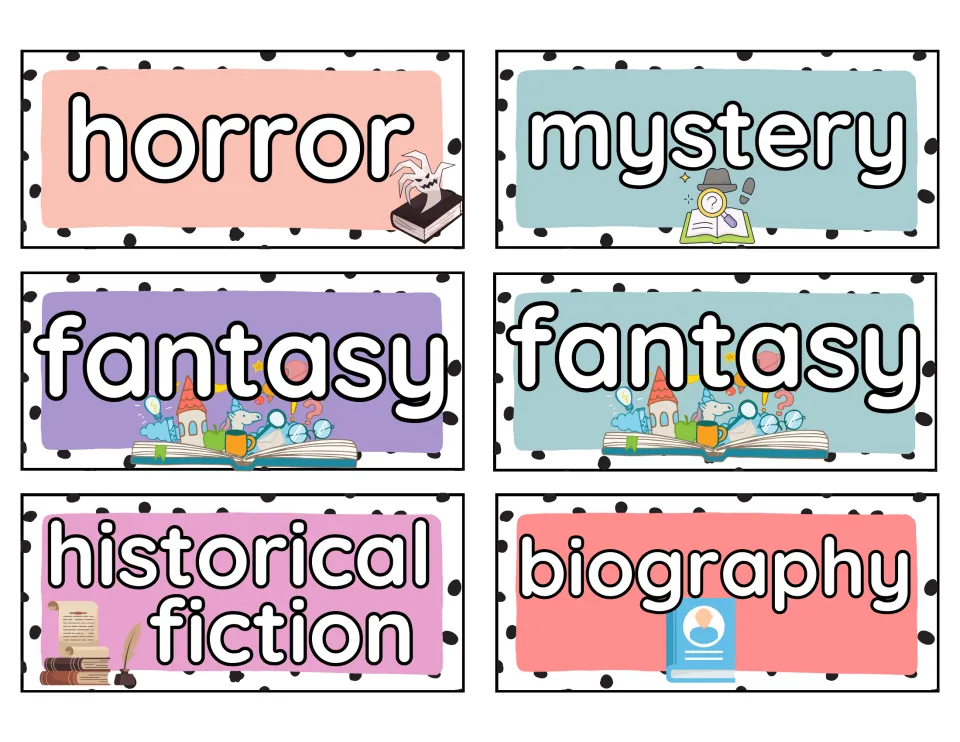Book bin labels 1–6: horror, mystery, two fantasy labels, historical fiction, and biography