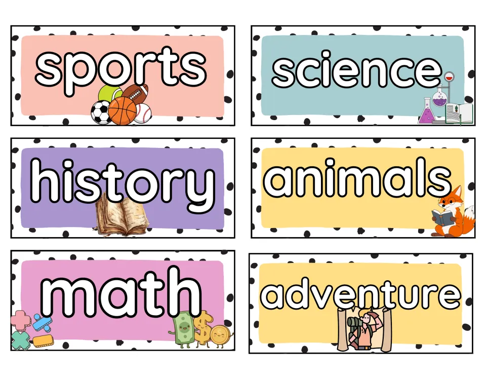 Book bin labels 7–12: sports, science, history, animals, math, and adventure