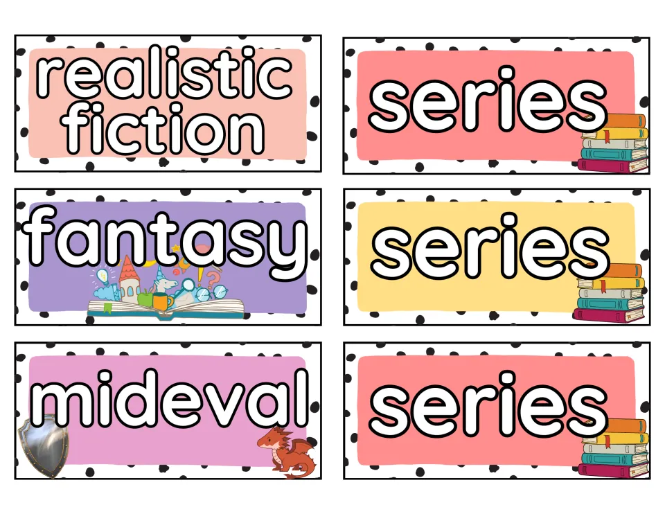Book bin labels 13–18: realistic fiction, fantasy, “mideval,” and three series labels