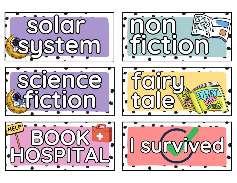 Book bin labels 19–24: solar system, non fiction, science fiction, fairy tale, BOOK HOSPITAL, and I survived