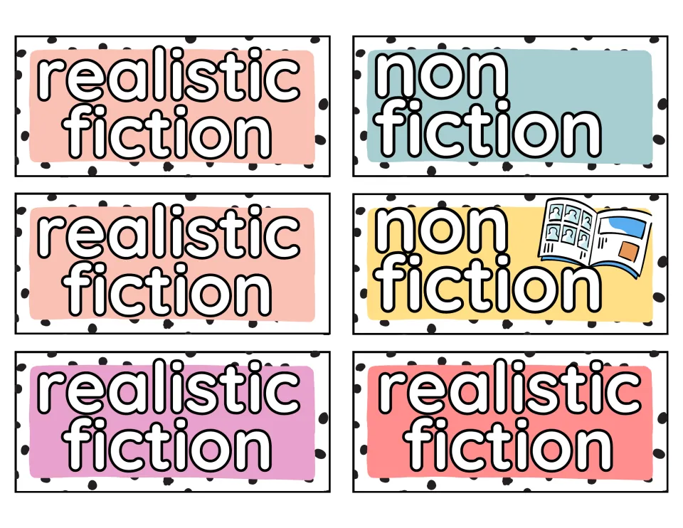 Book bin labels 25–30: four realistic fiction labels and two non fiction labels