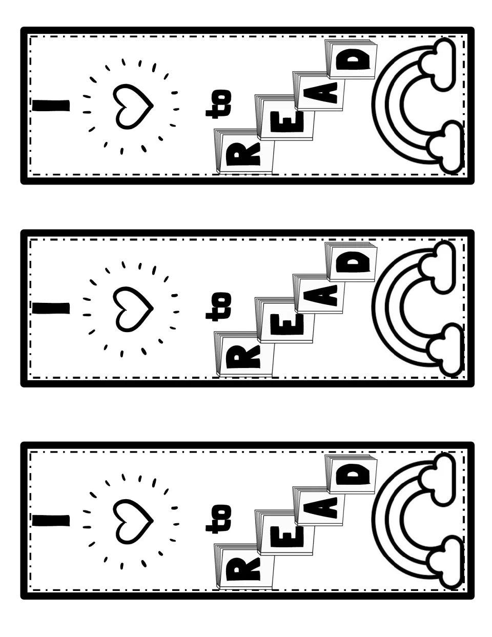 Three 'I love to READ' bookmarks with a heart, letters on stacked books and a rainbow for students to cut out and color