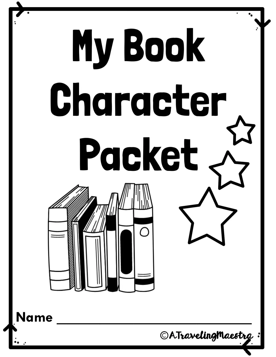 My Book Character Packet cover with a stack of books, stars and a Name line for students to personalize their booklet