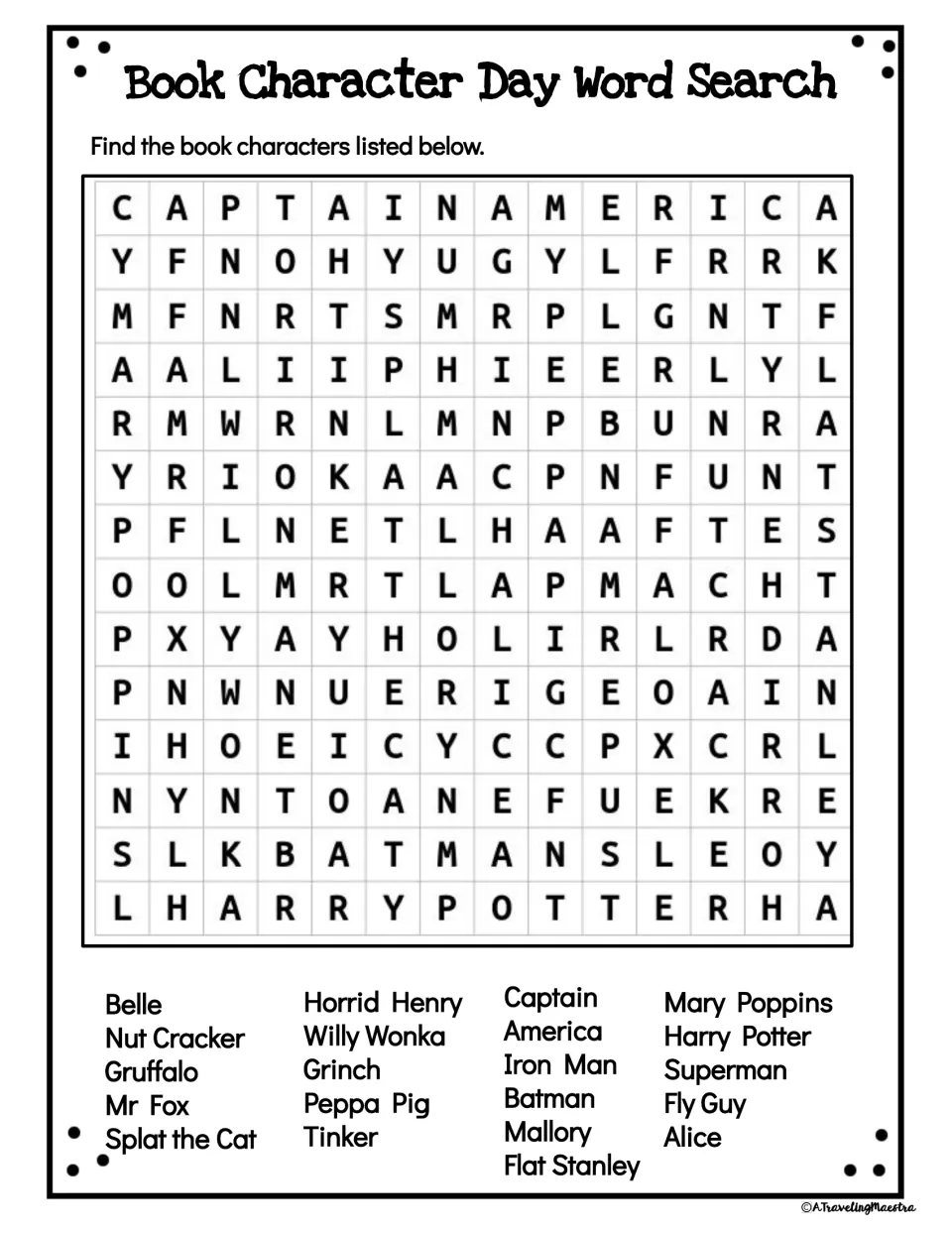 Book character word search: students find 20 names such as Willy Wonka, Gruffalo, Fly Guy and Harry Potter
