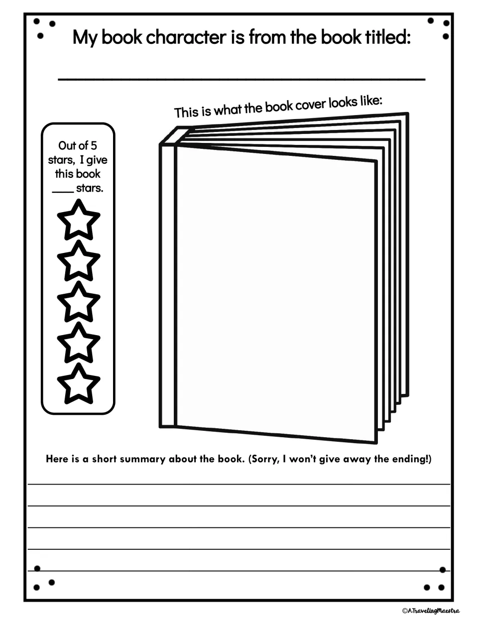 Book review: students write the book's title, draw its cover, rate it out of 5 stars and summarize it without the ending
