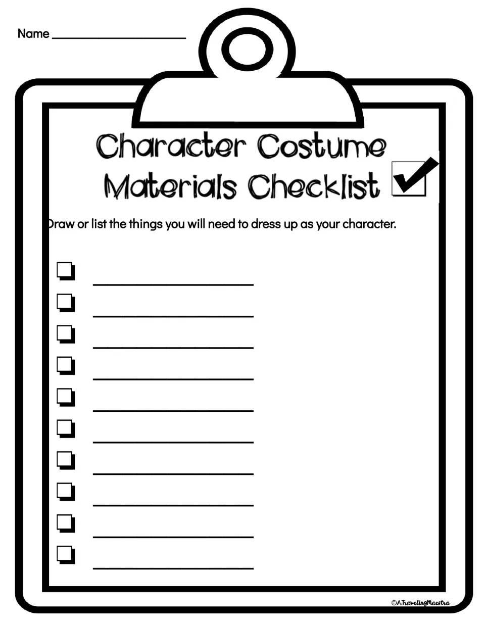 Character Costume Materials Checklist: students draw or list up to 10 items needed to dress up as their character