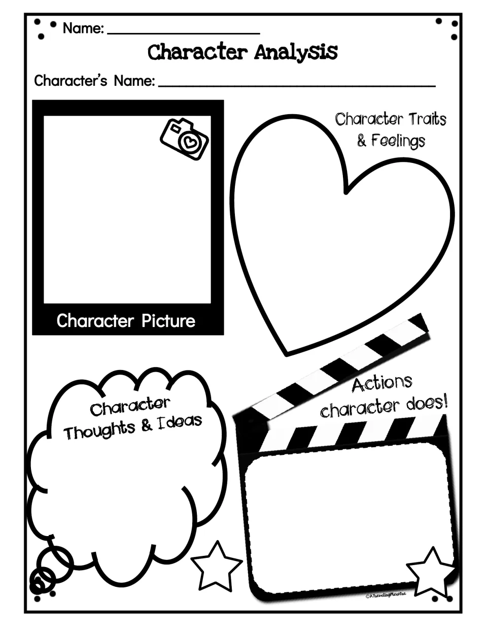 Character analysis organizer: students draw the character and note traits and feelings, thoughts and ideas, and actions