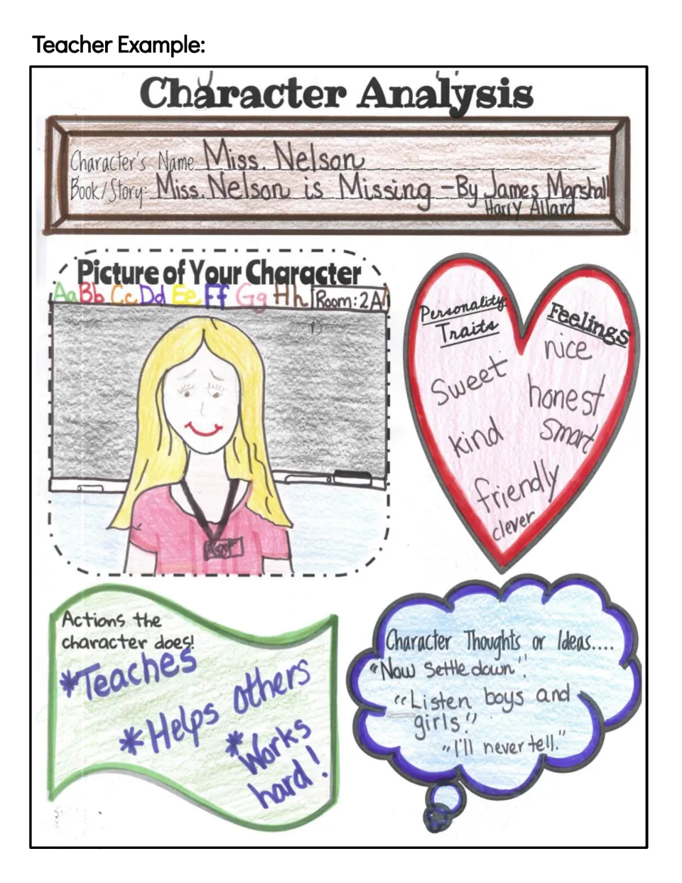 Teacher example of the analysis sheet completed for Miss Nelson from Miss Nelson Is Missing, listing kind and clever