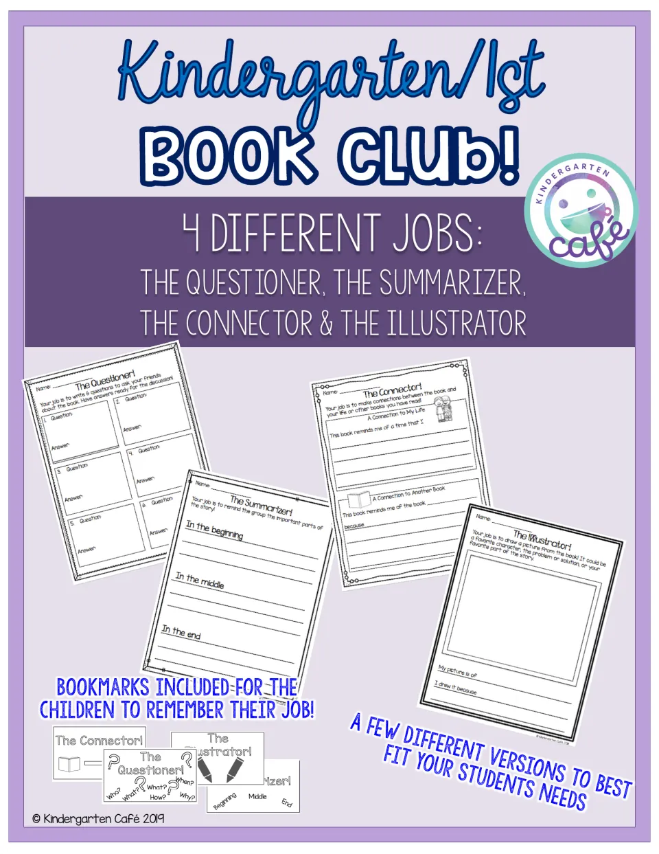 Book club packet cover introducing four jobs: questioner, summarizer, connector, and illustrator