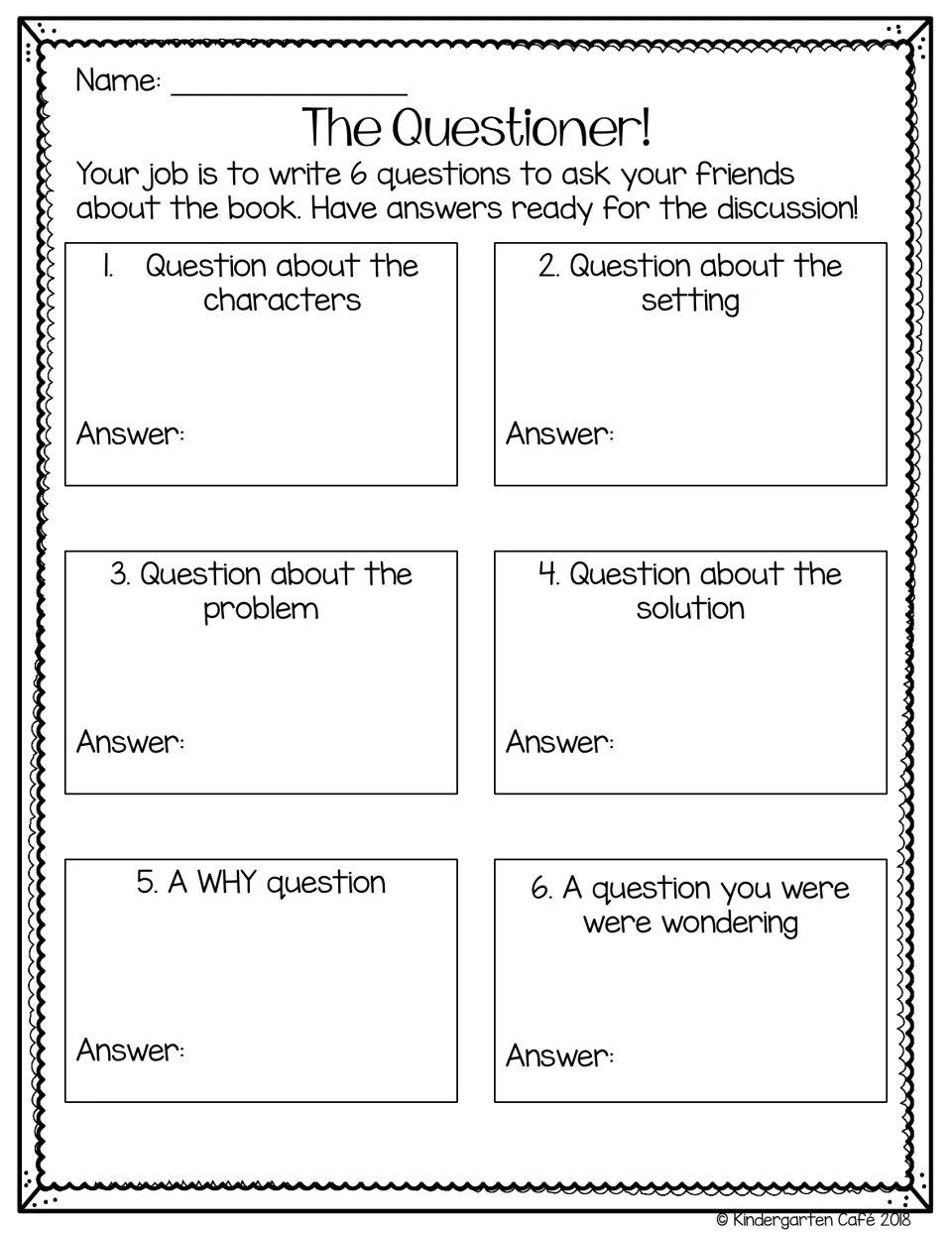 Questioner worksheet requesting six questions and answers about characters, setting, and other story topics