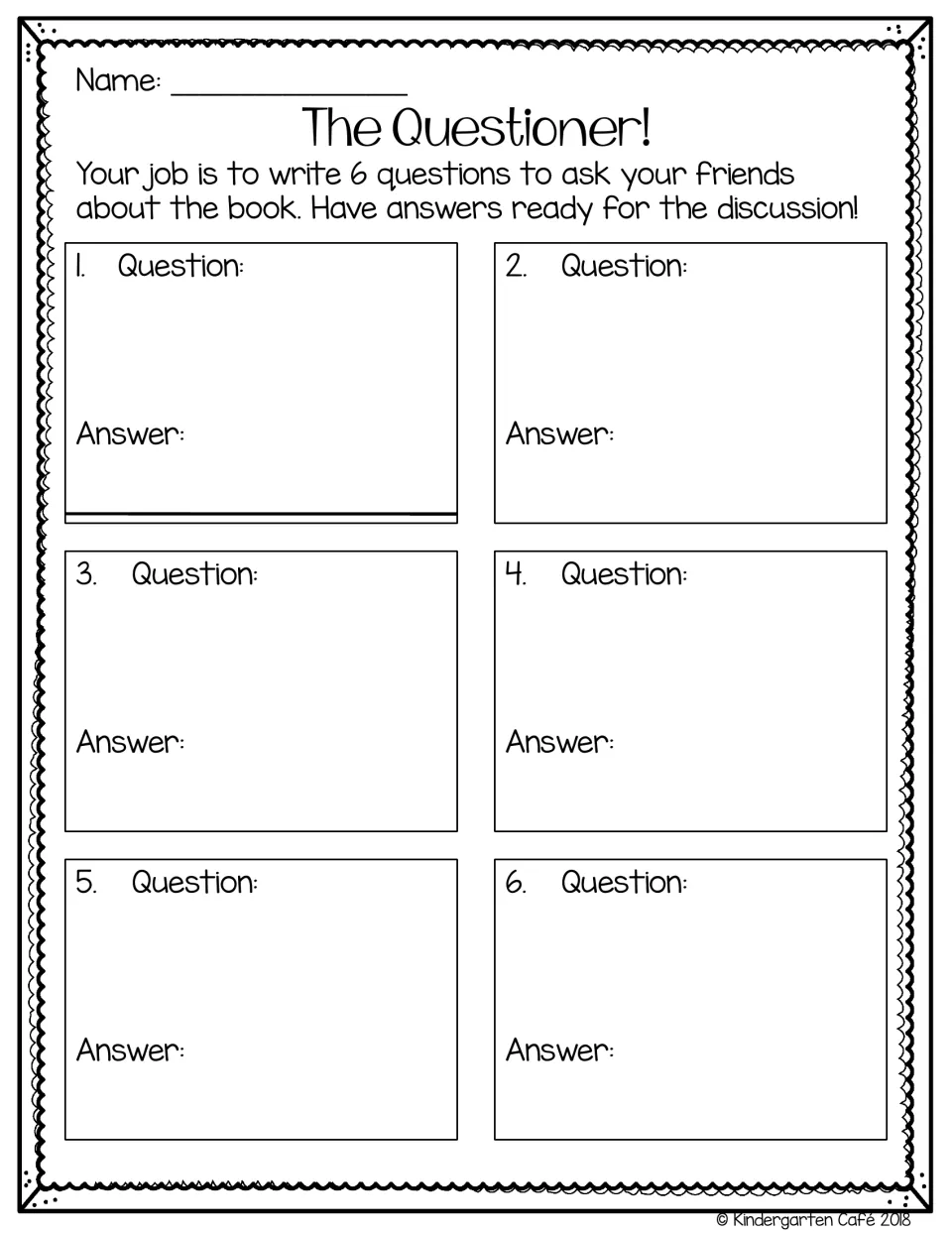 Questioner worksheet for writing six original book questions and preparing answers for the discussion