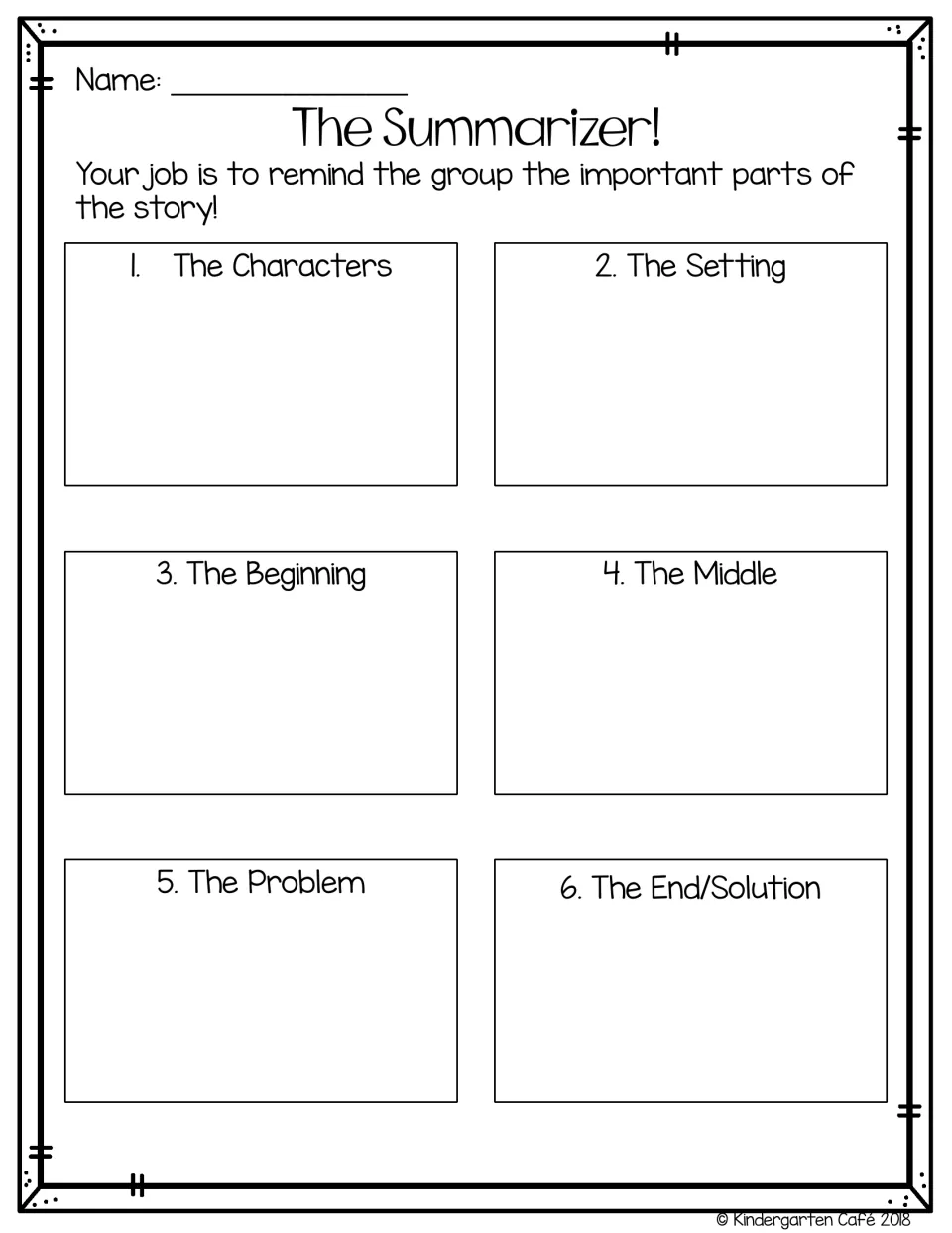 Summarizer worksheet covering characters, setting, beginning, middle, problem, and the story's end or solution