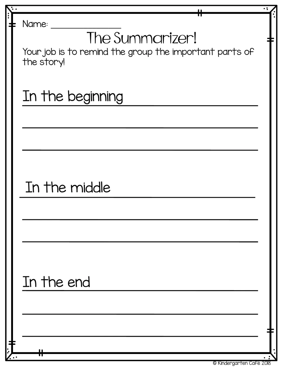 Summarizer worksheet for retelling important story events using beginning, middle, and end sentence starters