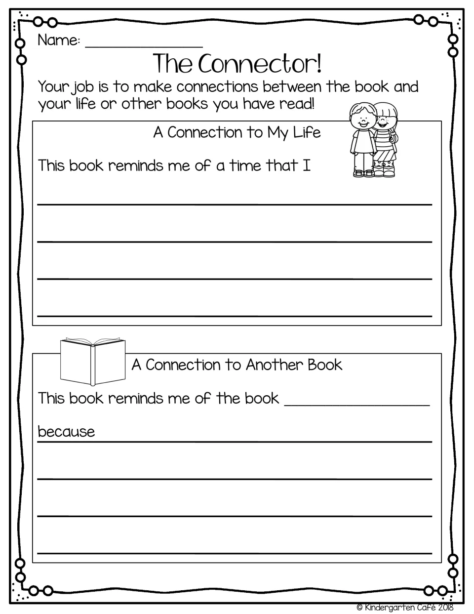 Connector worksheet prompting students to connect the book to their own life and another book they have read