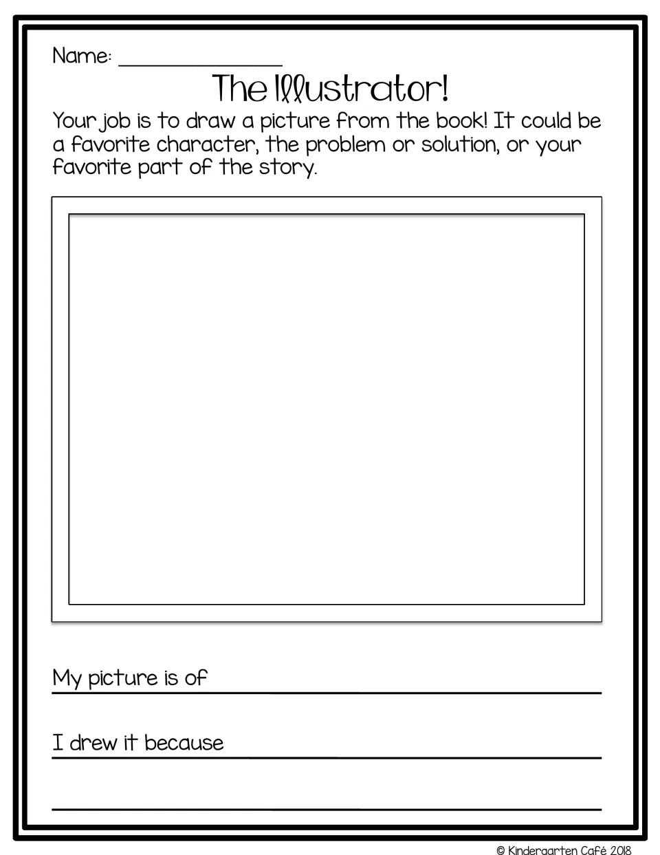 Illustrator worksheet for drawing a character or story event, identifying the picture, and explaining the choice