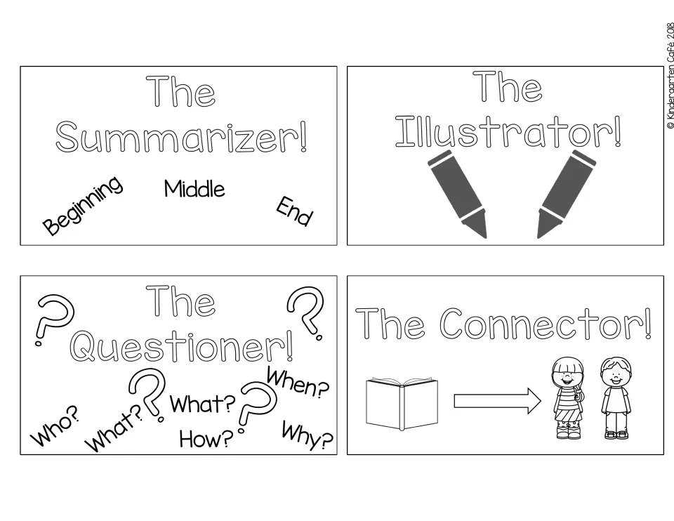 Four book club role bookmarks: summarizer, illustrator, questioner, and connector, with reminders for each job