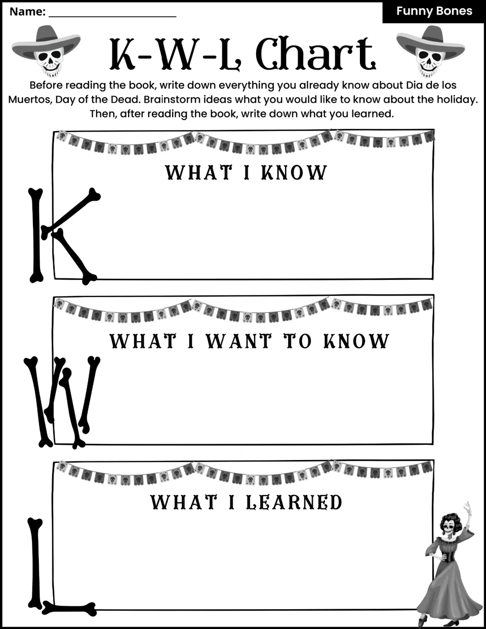 Día de los Muertos K-W-L chart: students record what they know and want to know before reading, then what they learned