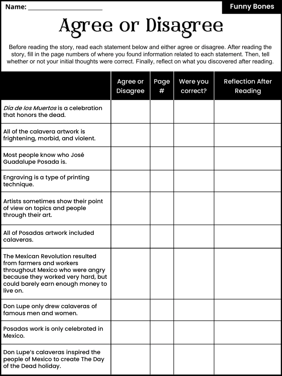 Anticipation guide on Posada and calaveras: students agree or disagree with 10 statements, cite page numbers and reflect