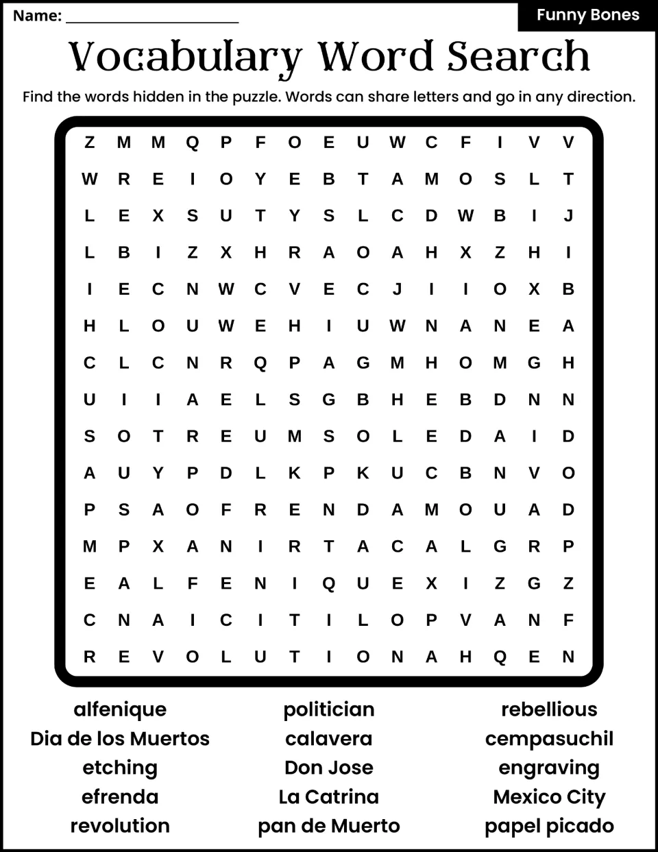 Vocabulary word search: find 15 story words such as calavera, La Catrina, revolution and papel picado in any direction