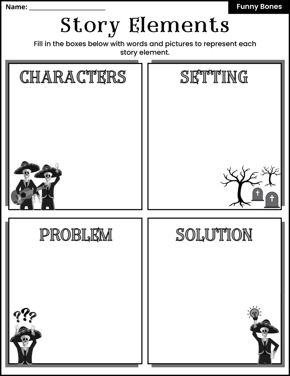 Story elements organizer: students use words and pictures to show characters, setting, problem and solution of the story