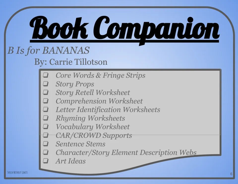 Book companion overview lists core words, story props, retelling, comprehension, sentence stems, and art