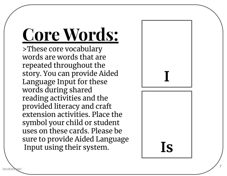 Core word cards labeled 'I' and 'Is' include directions to add students' symbols and model aided language
