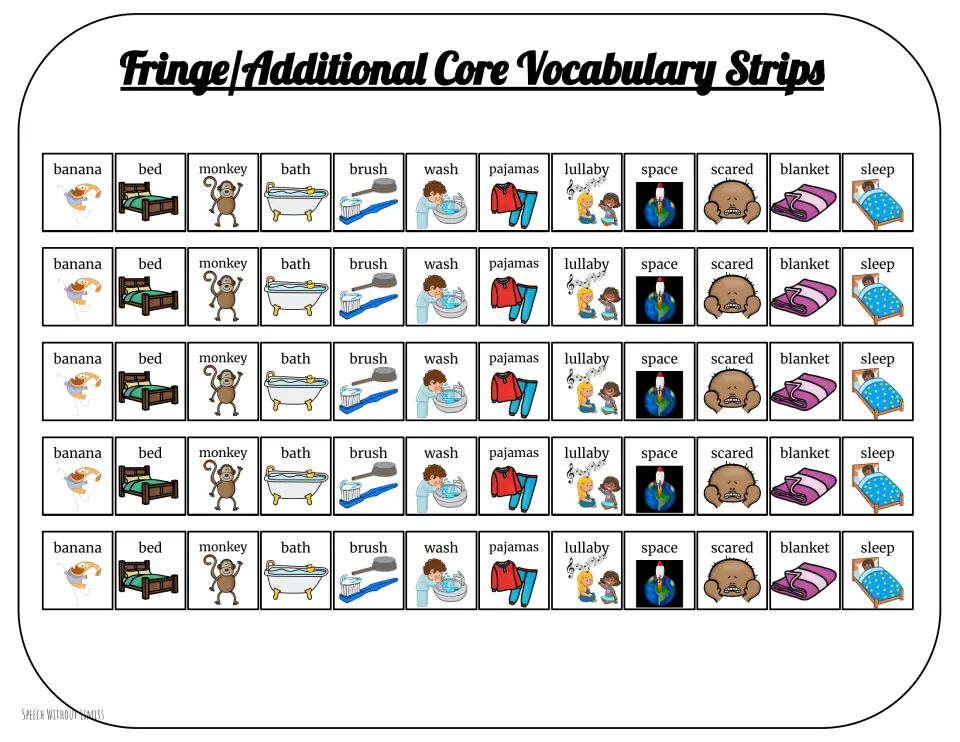 Five identical vocabulary strips each show 12 pictured words, including banana, bed, monkey, and bath
