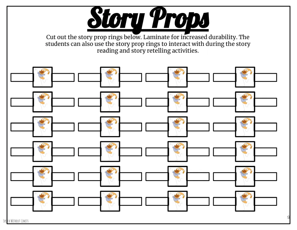 Story props sheet provides 24 banana character rings to cut out and use during reading and retelling