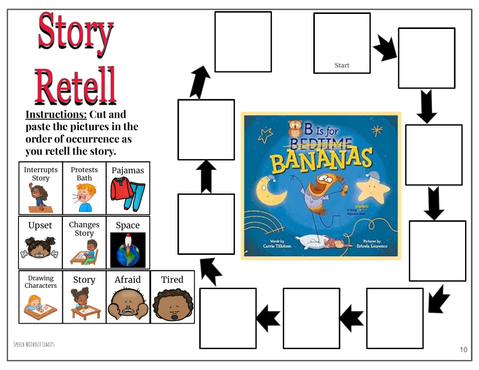 Story retell activity asks students to sequence 10 pictures, including pajamas, space, afraid, and tired