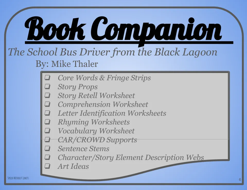 Book companion overview lists core words, story props, retelling, comprehension, sentence stems, and art