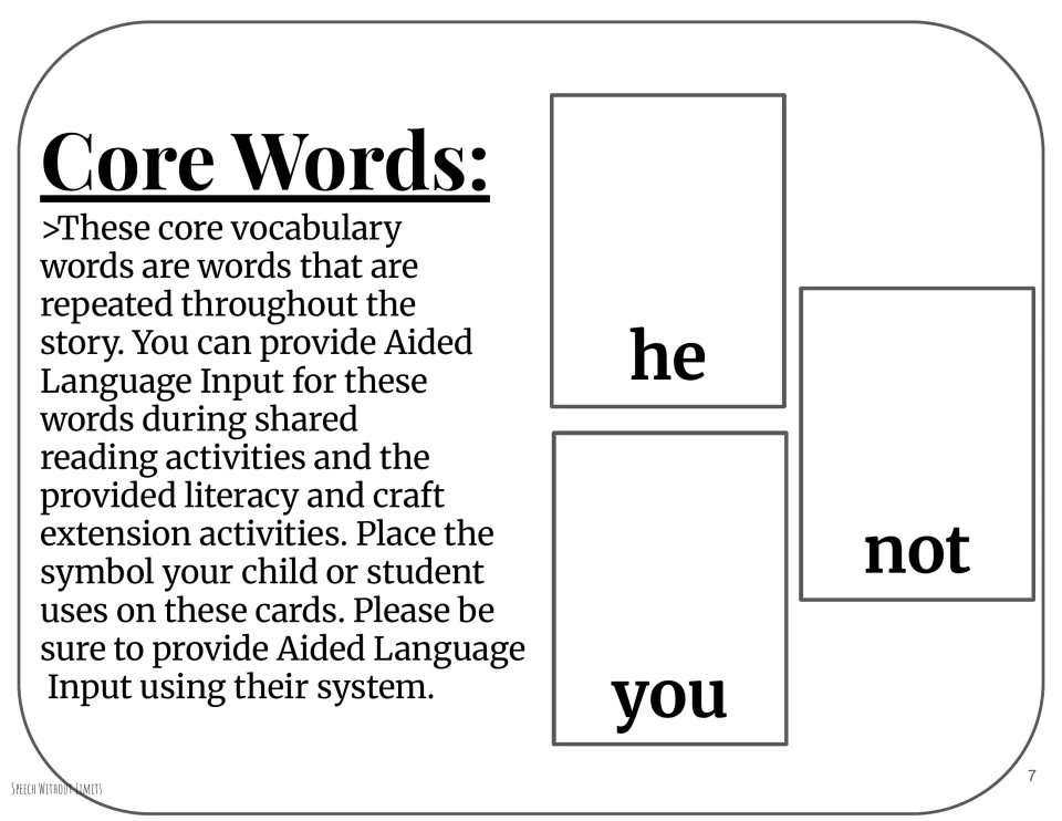 Core vocabulary cards for he, you, and not, with guidance to add familiar AAC symbols and model their use