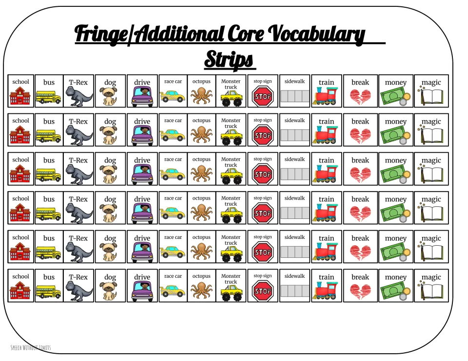 Six identical vocabulary strips, each with 14 pictured words including school, bus, T-Rex, dog, and drive
