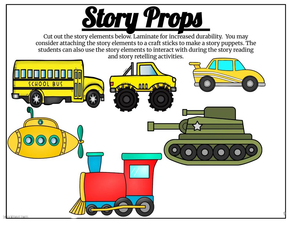 Six cutout story props for reading and retelling: school bus, monster truck, race car, submarine, tank, and train