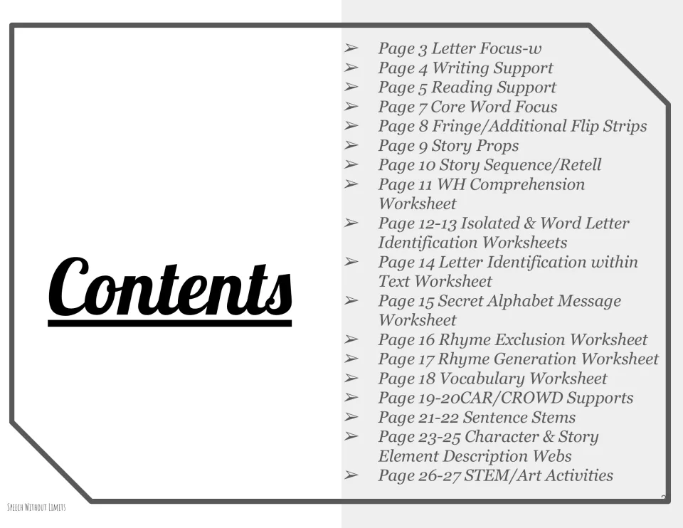 Contents for the companion packet, listing reading supports, story retelling, vocabulary, and STEM/art activities