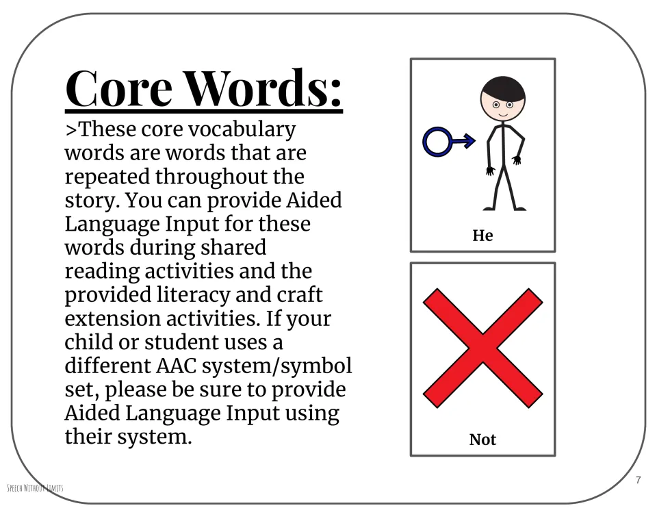 Core vocabulary page introducing he and not, with symbols and guidance for aided language input during reading