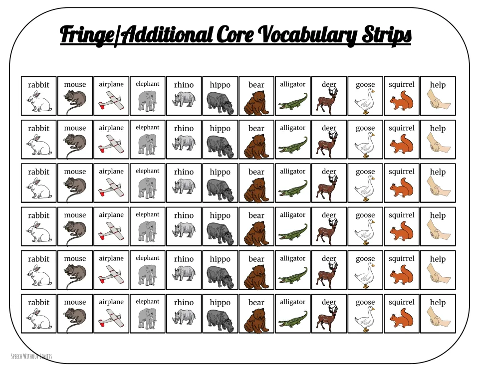 Six identical 12-item vocabulary strips for the companion, showing rabbit, mouse, airplane, help, and eight animals