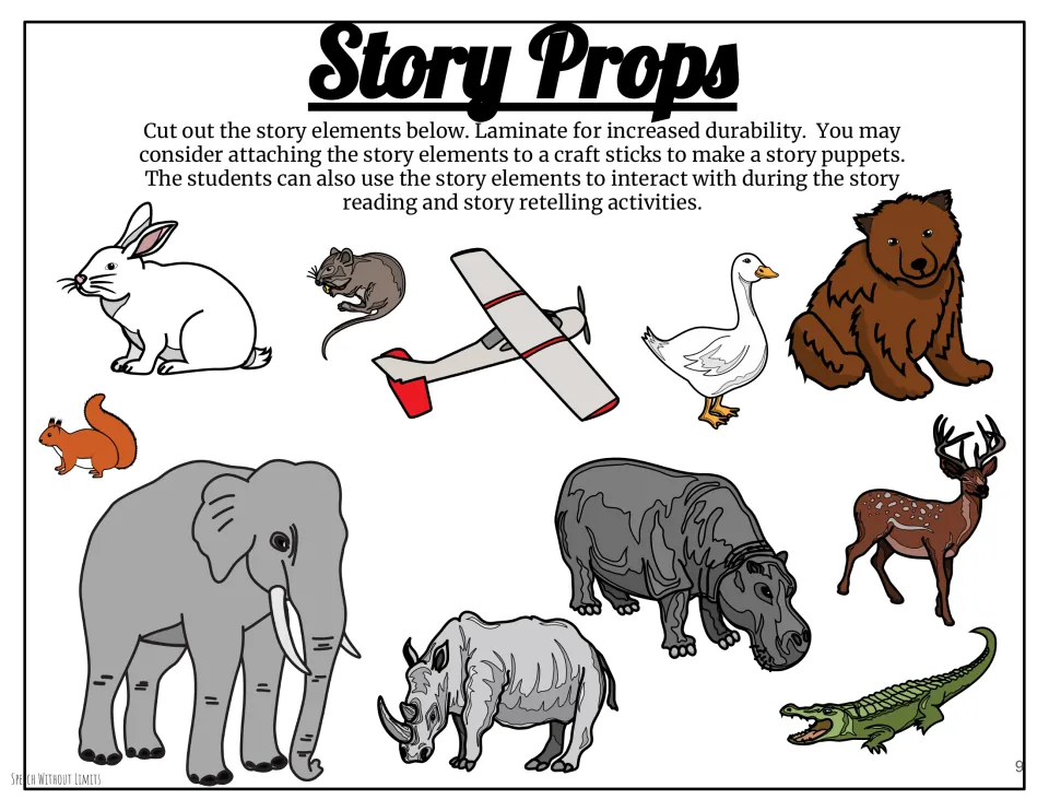 Eleven cutout story props, including rabbit, mouse, and airplane, for use during reading and story retelling