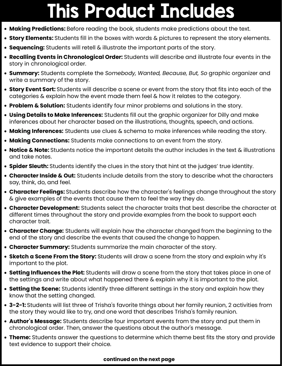 Activity overview lists predictions, story elements, sequencing, inference, character analysis, and theme.
